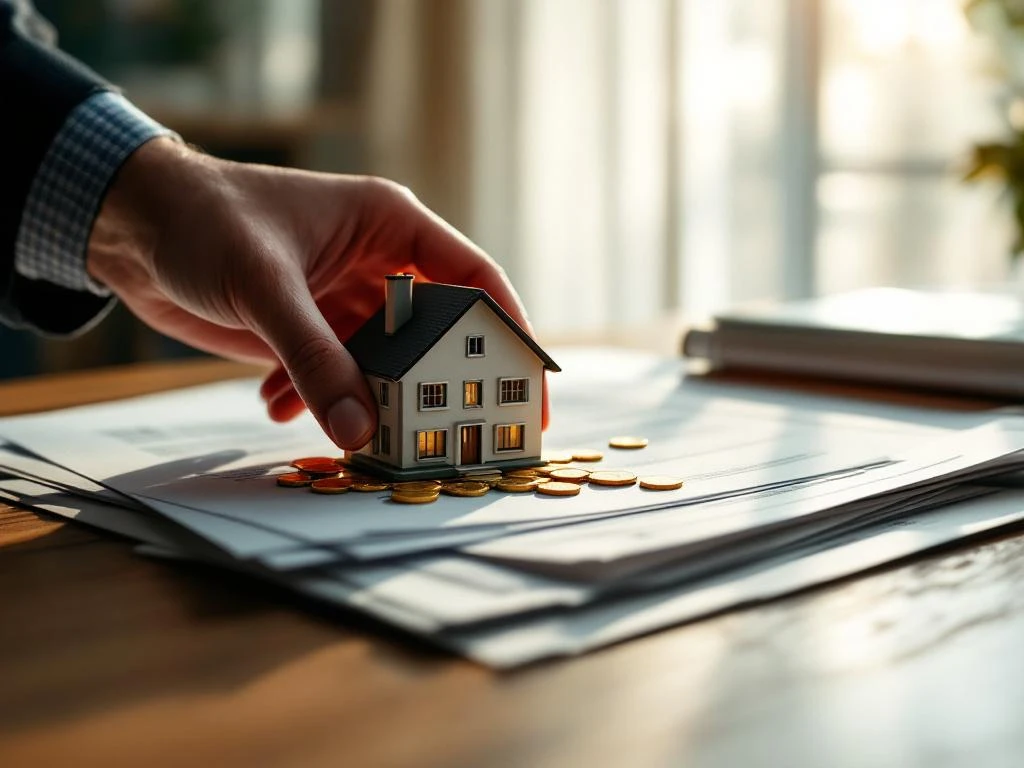 Hand plaatst miniatuurhuis op stapel investeringsdocumenten met gouden munten, onroerend goed investering concept
