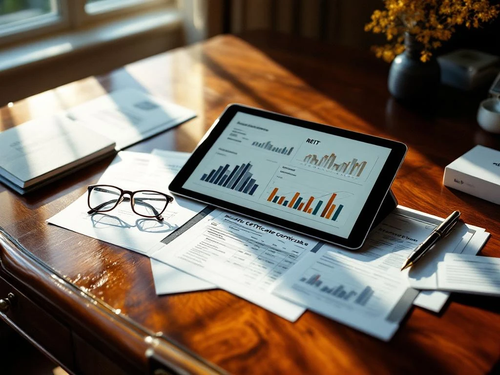 Tablet met vastgoedinvesteringsgrafieken op mahonie bureau met REIT-certificaten en documenten in gouden zonlicht