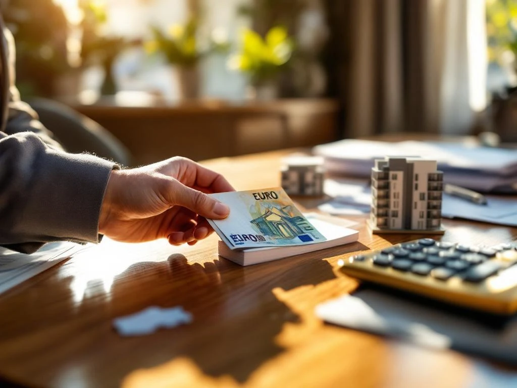 Zakenman plaatst eurobankbiljetten naast miniatuur appartementengebouw op bureau met calculator en financiële documenten