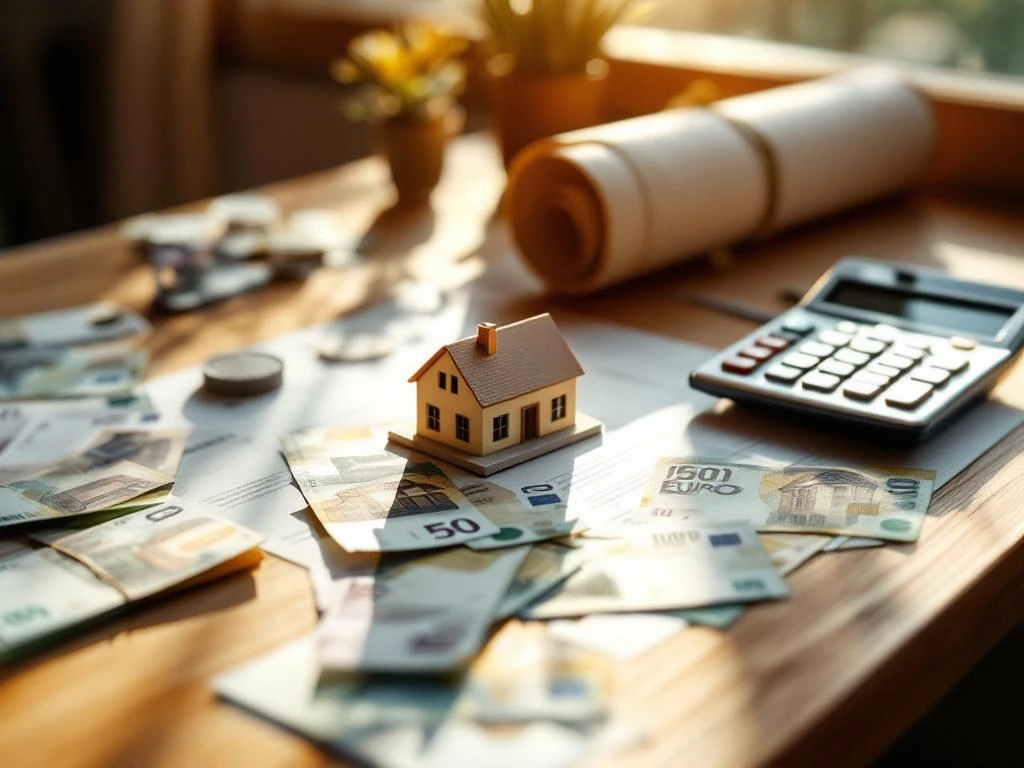 Architectuurmodel van bouwgrond op houten bureau met eurobankbiljetten, calculator en vastgoeddocumenten bij gouden uur