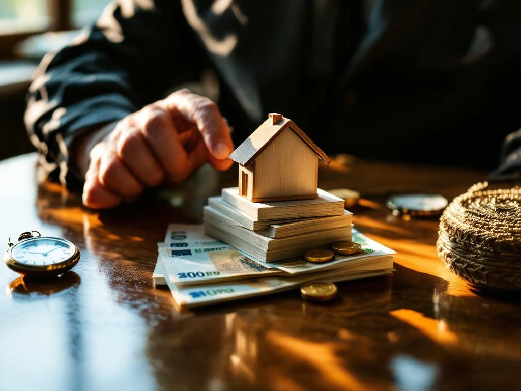 Zakenman plaatst houten huismodel op stapel eurobiljetten met gouden munten op mahoniehout bureau