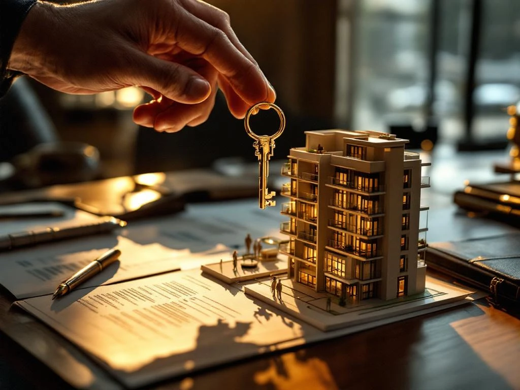 Zakenman houdt gouden sleutel boven luxe appartementengebouw maquette op mahonie bureau met financiële documenten