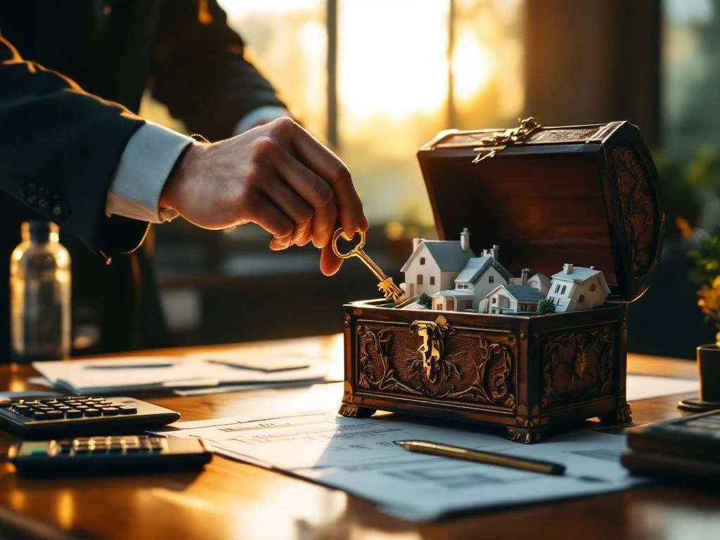Zakenman plaatst gouden sleutel in houten schatkist vol miniatuurhuizen en eigendomsaktes op kantoorbureau