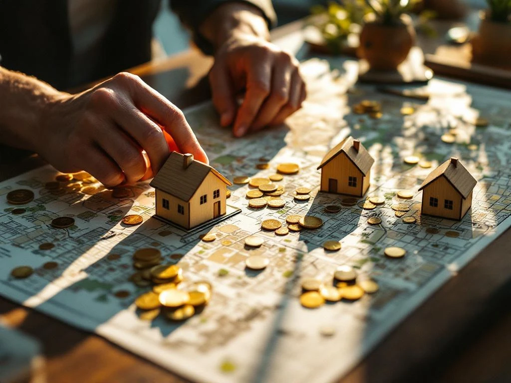 Handen van beginnende belegger plaatsen houten huismodellen op buurtkaart met gouden munten op bureau