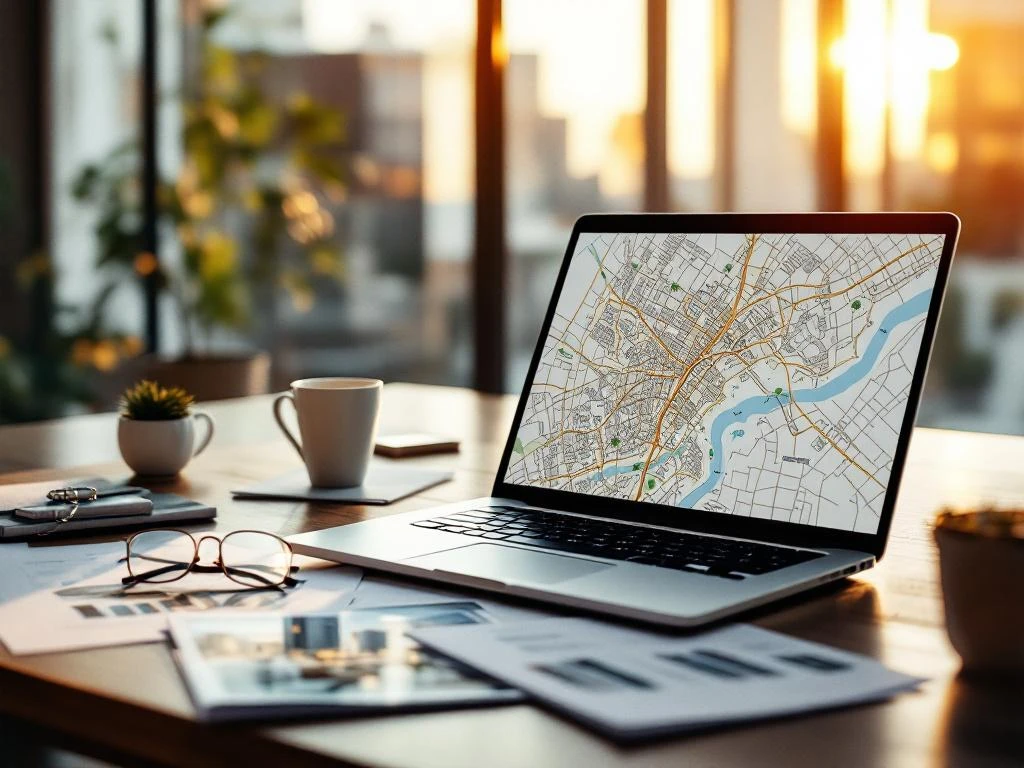 Laptop met stadskaart op modern bureau met vastgoedbrochures, investeringsdocumenten en bril in gouden zonlicht