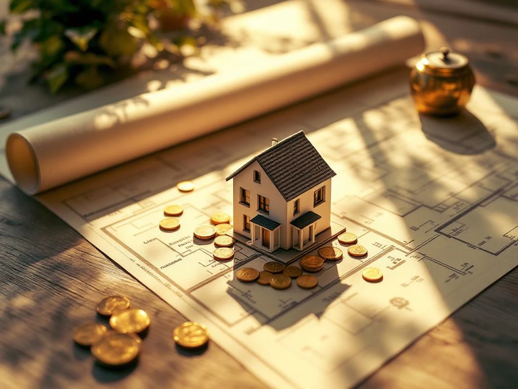 Landmeetkaart met eigendomsgrenzen, architectuurmodel van woning en gouden munten op houten tafel in zonlicht