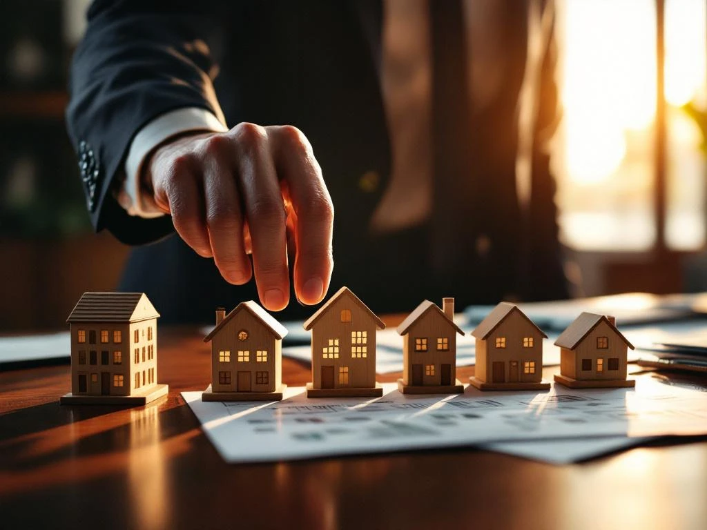 Zakenman plaatst houten huismodellen van verschillende stijlen op mahoniehout bureau voor vastgoedinvestering planning