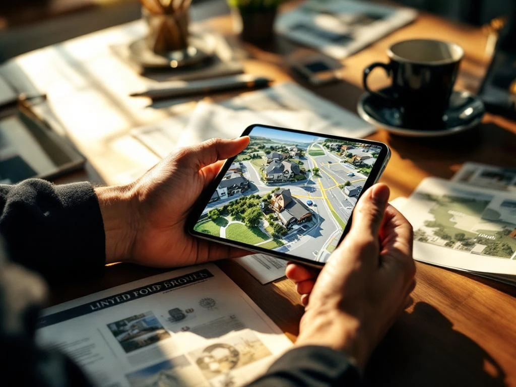 Zakenman houdt smartphone met vastgoedkaarten boven bureau met kranten, brochures en koffiekop in ochtendlicht