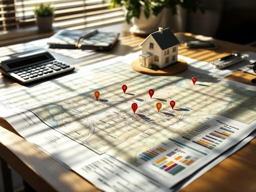 Makelaarsbureau met huismodel, wijkkaart met locatiepinnen, hypotheekcalculator en documenten op georganiseerd bureau