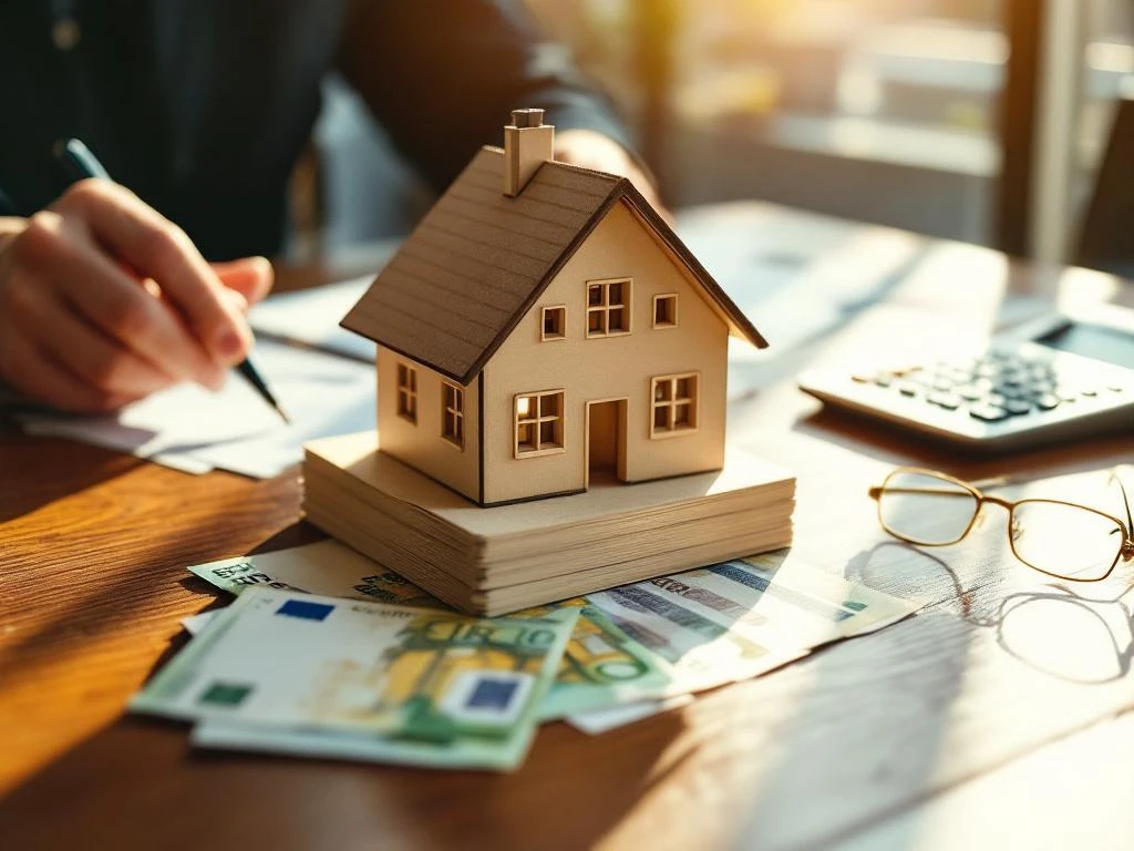 Makelaar plaatst houten huismodel op stapel eurobiljetten met rekenmachine en bril op bureau