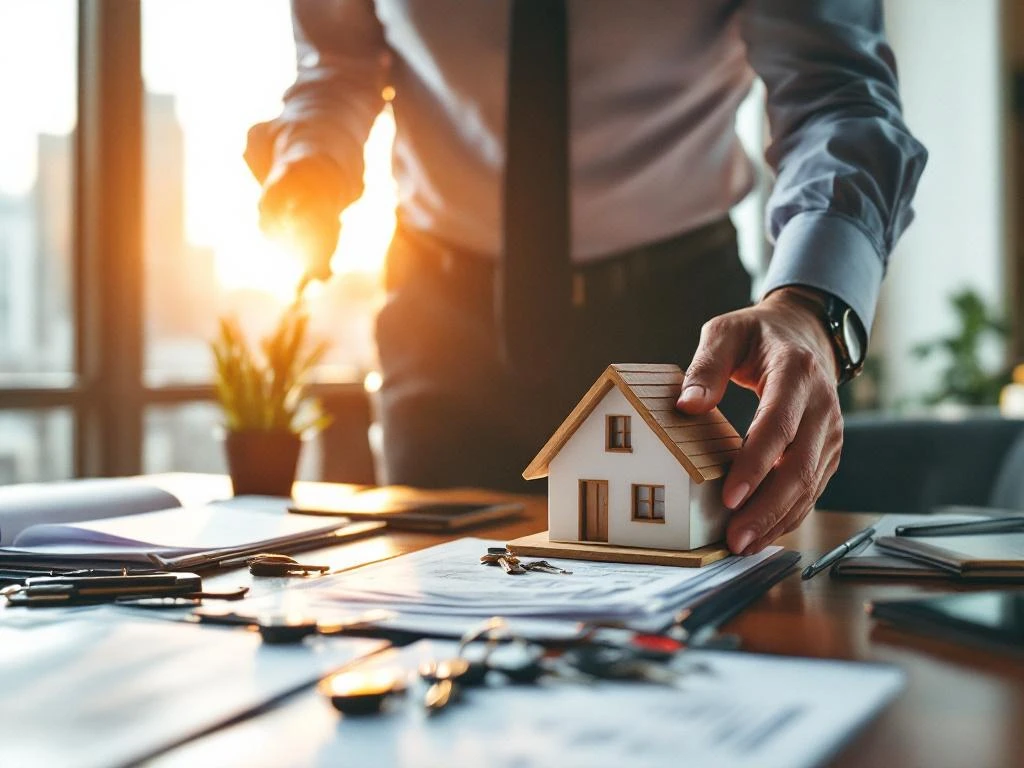 Zakenman plaatst houten huismodel op stapel vastgoeddocumenten met huissleutels op bureau in kantoor