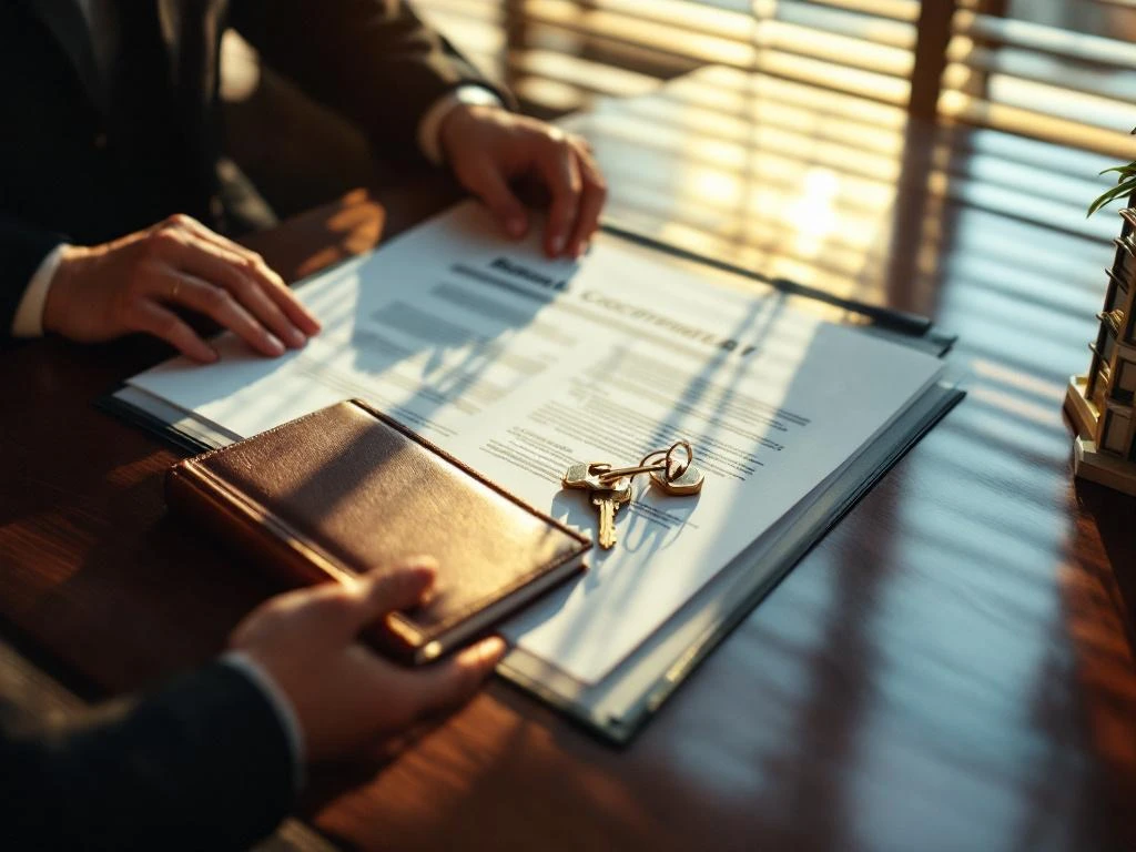 Makelaar houdt huurcontract met gouden sleutels op bureau naast appartementenmodel in warm zonlicht