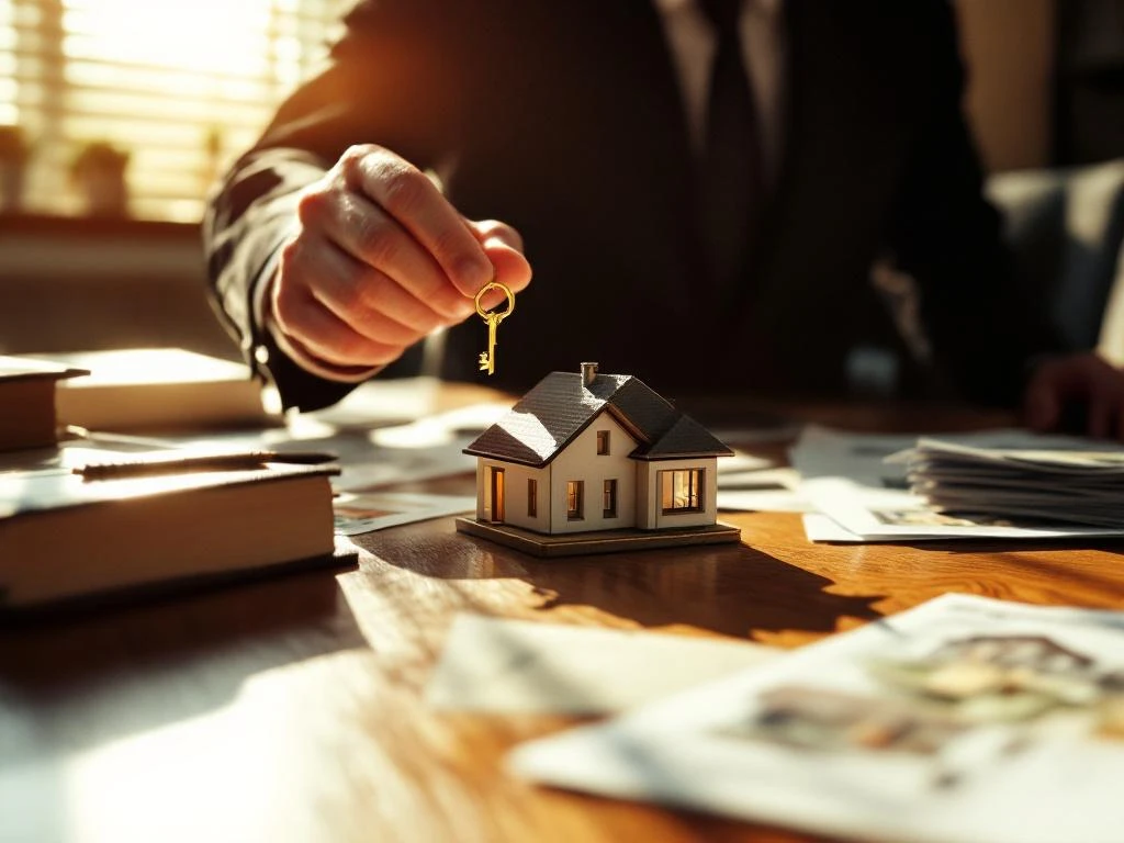 Zakenman plaatst gouden sleutel in miniatuur huismodel op bureau met financiële documenten en vastgoedcontracten