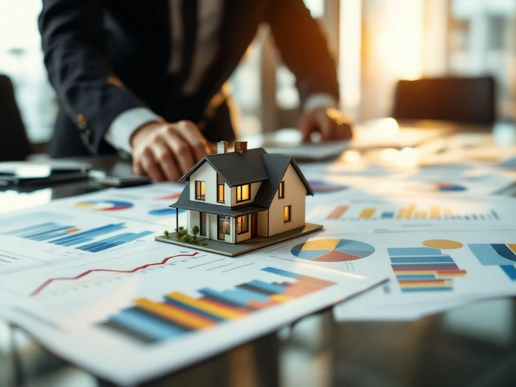 Vastgoedontwikkelaar bestudeert demografische grafieken en woningbouwstatistieken met architectuurmodel op conferentietafel