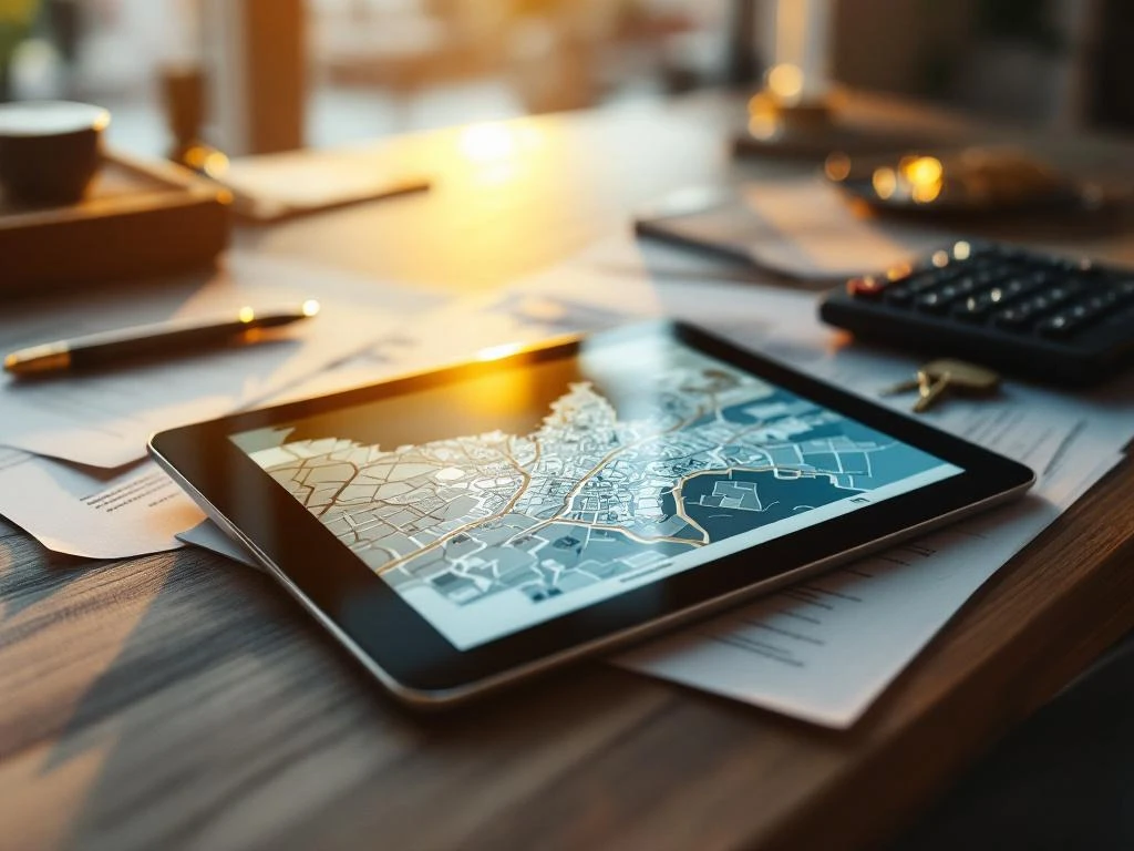 Tablet met luchtfoto van Nederlandse wijken op bureau met vastgoeddocumenten, calculator en huissleutels