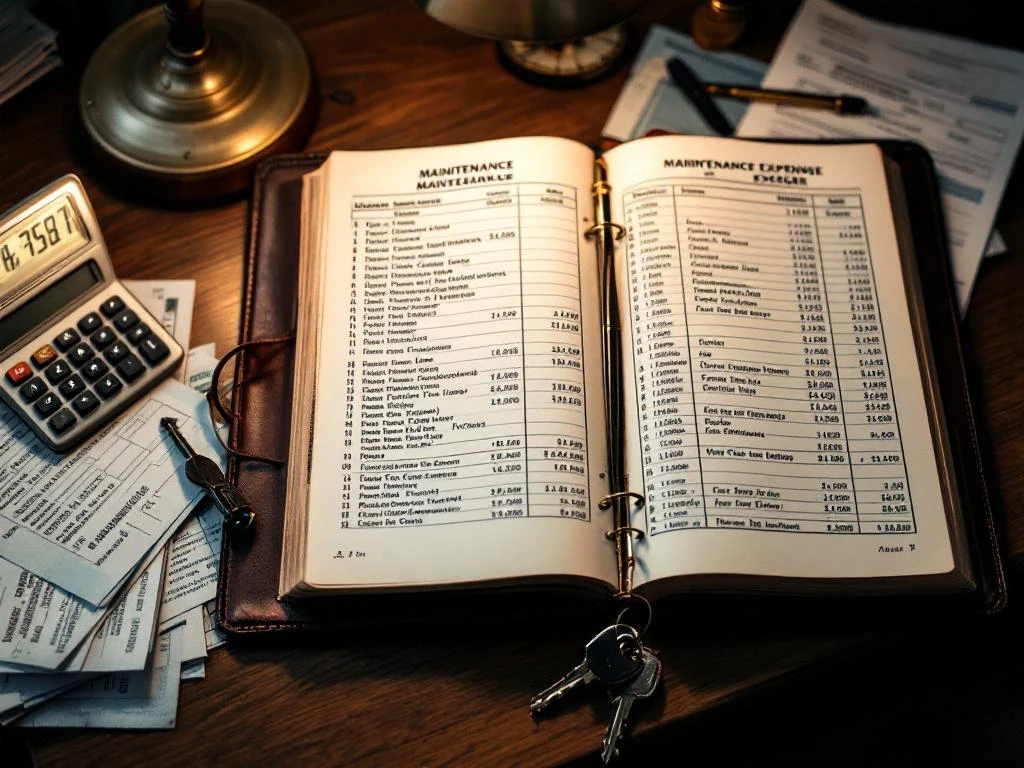 Eigendomsbeheerder's bureau met open grootboek, onderhoudskosten, rekenmachine, facturen en huissleutels op mahoniehout