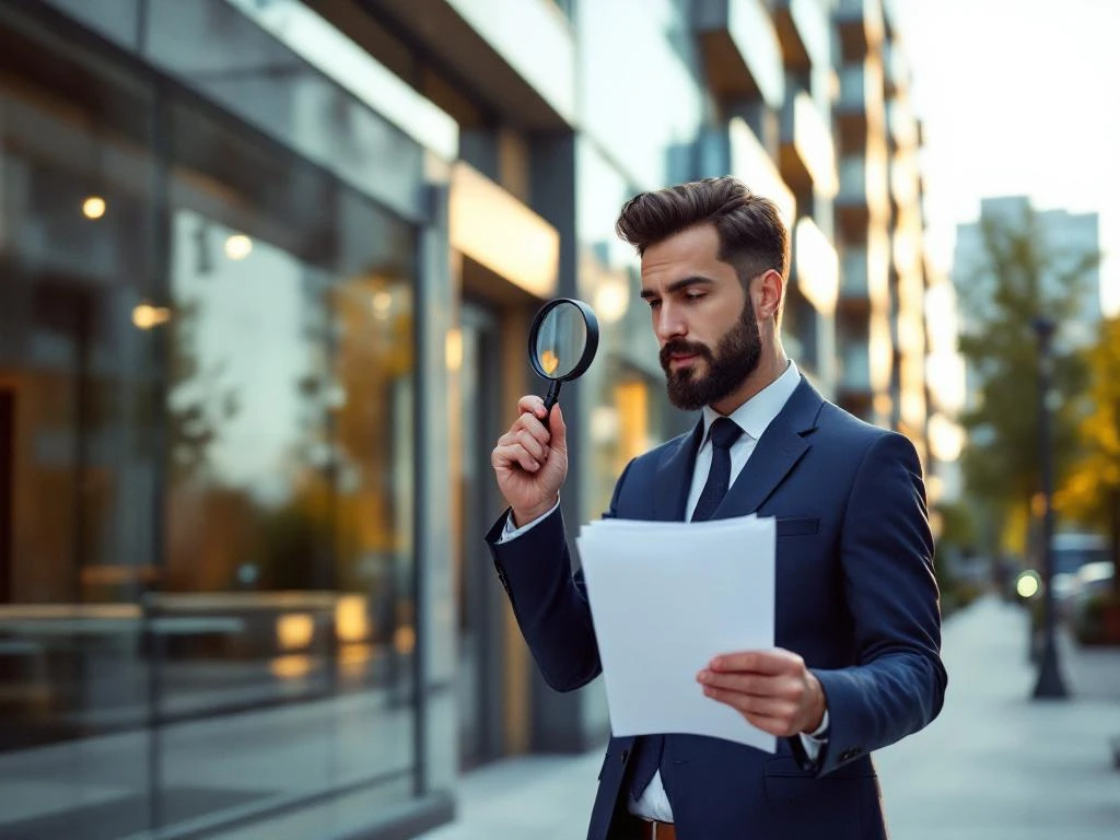 Professionele vastgoedtaxateur in pak onderzoekt modern appartementengebouw met vergrootglas en documenten