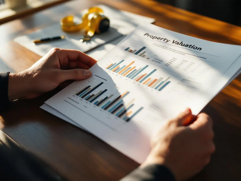 Vastgoedtaxateur houdt eigendomswaarderingsrapport vast met grafieken, rekenmachine en meetlint op houten bureau