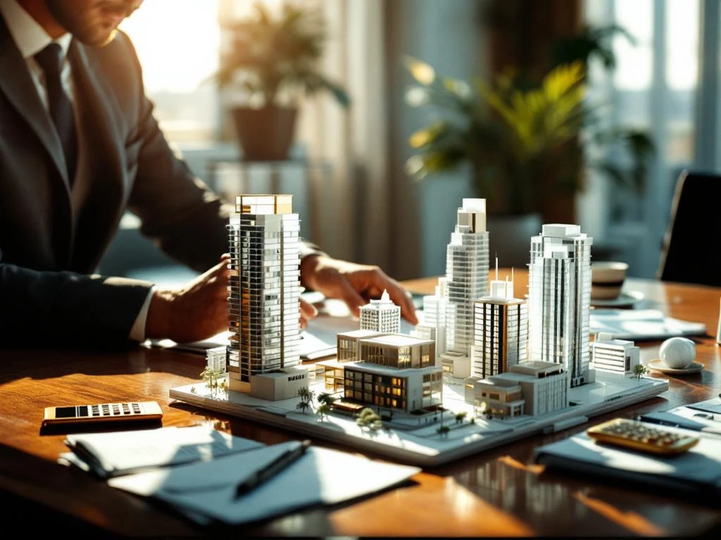 Zakenman in pak bestudeert architectuurmodel van modern kantoorgebouw op mahonie bureau met financiële documenten
