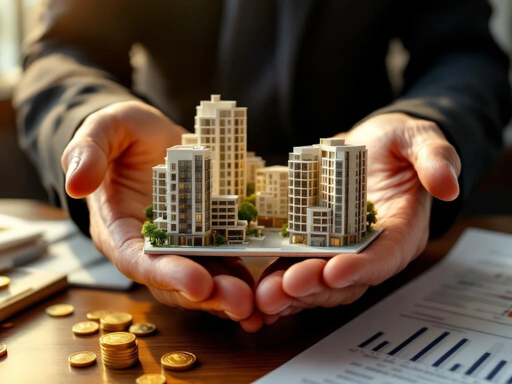 Zakenman houdt architectuurmodel van modern appartementencomplex boven bureau met financiële documenten en gouden munten