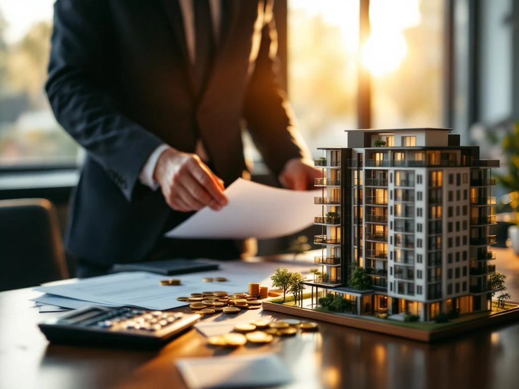 Zakenman in pak bestudeert belastingdocumenten naast architectuurmodel van appartementengebouw op bureau met munten