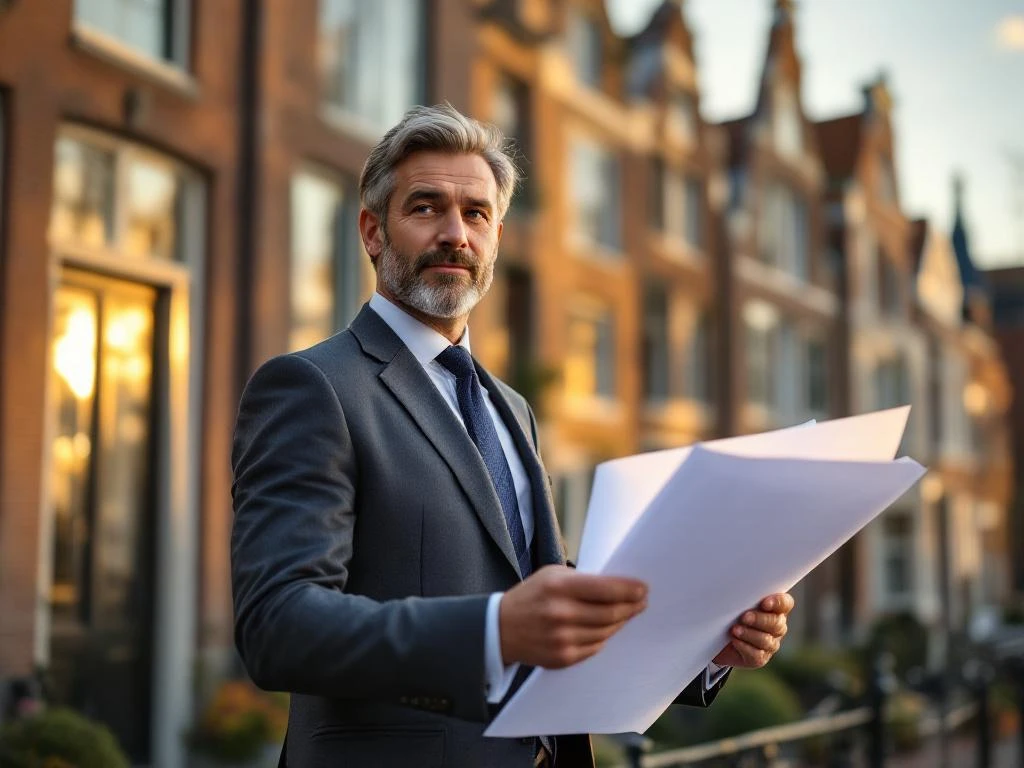 Professionele zakenman met bouwplannen voor Nederlandse grachtenpanden met traditionele bakstenen gevels