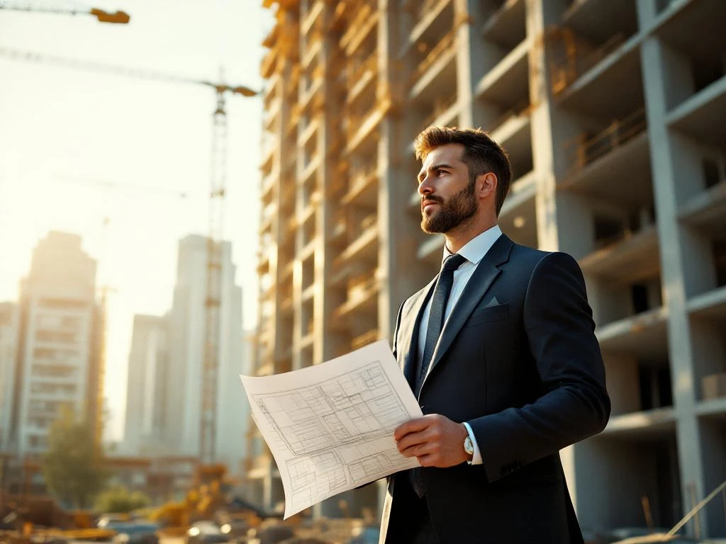 Zakenman met bouwplannen voor modern appartementengebouw in aanbouw met kranen en steigers op de achtergrond