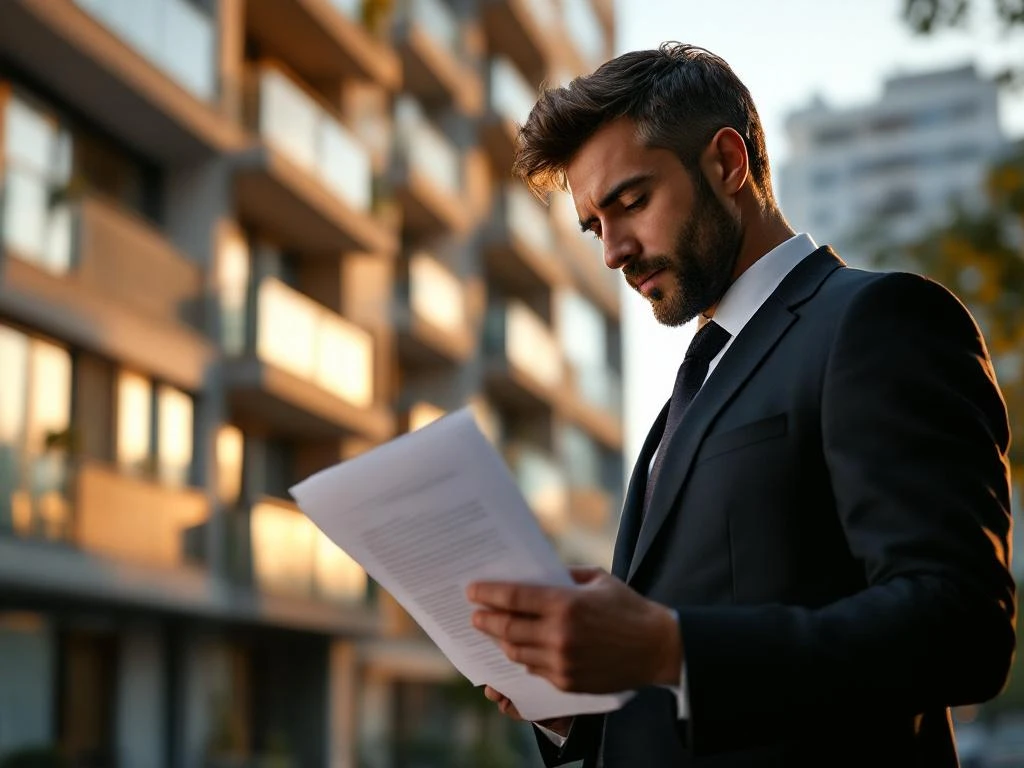 Zakenman in donker pak bestudeert verzekeringsdocumenten voor modern appartementengebouw tijdens gouden uur