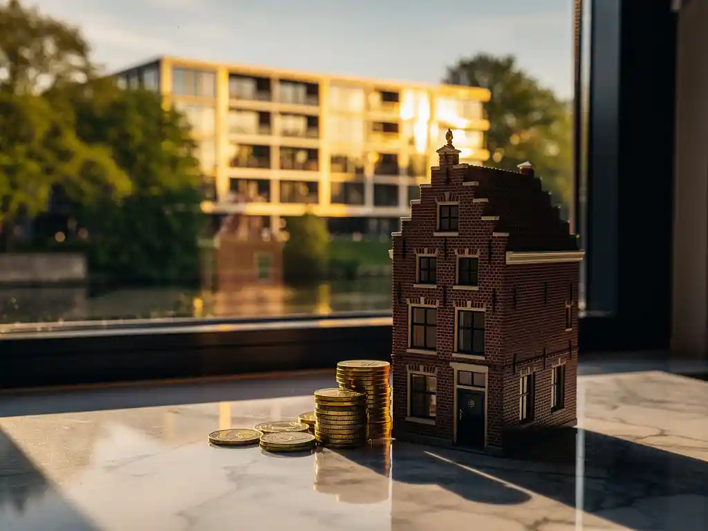 Modern Amsterdams appartementengebouw in goudkleurig middaglicht, met euromunten en een miniatuur grachtenpand op marmeren ondergrond.