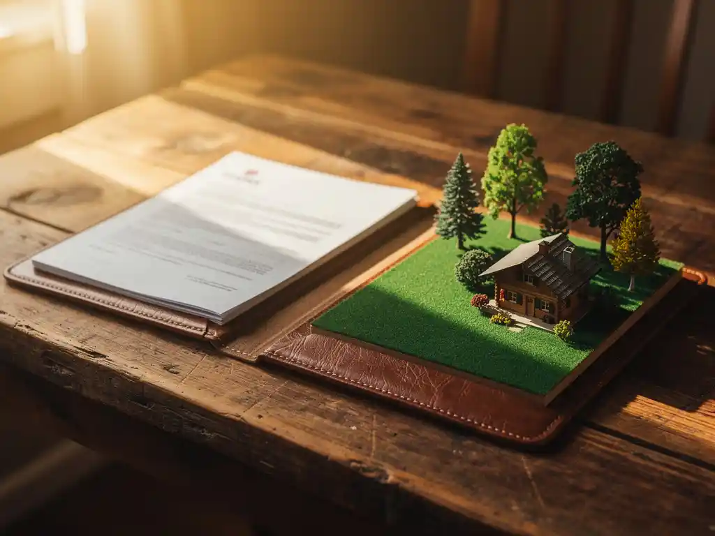 Opengevouwen leren belastingmap op rustieke houten tafel naast een miniatuurmodel van recreatiegrond met tiny chalet en bomen.