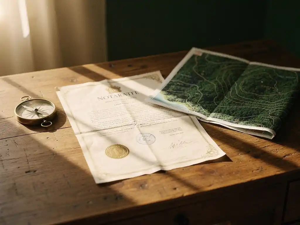 Notariële eigendomsakte op een eiken bureau naast een bronzen landmetercompas en gevouwen topografische kaart, warm middaglicht.