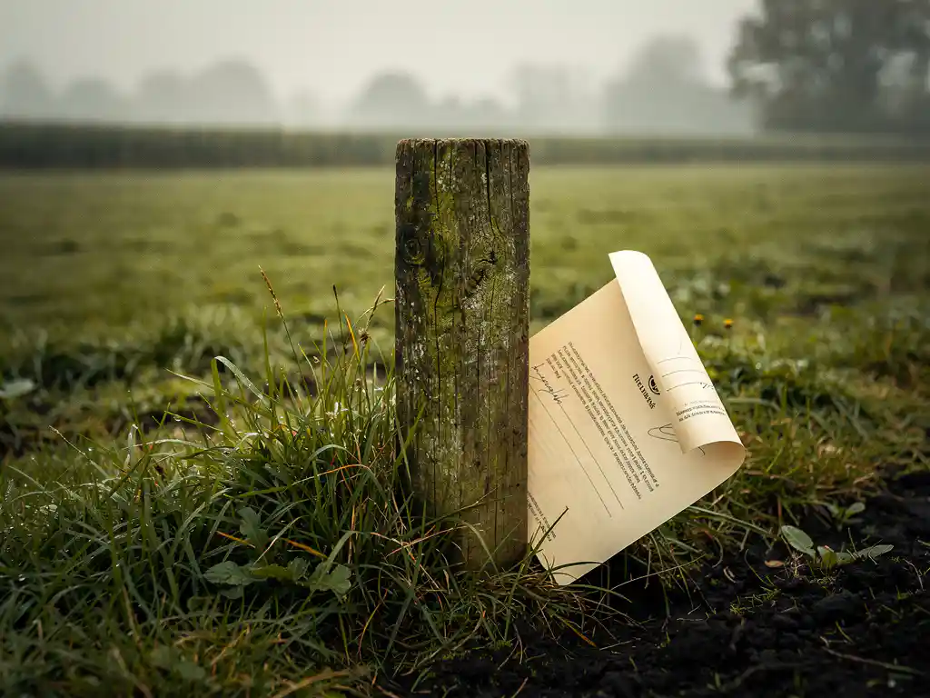Verouderde houten grenspaal in groen recreatieland met gevouwen juridisch document, mistige Nederlandse heuvelachtige achtergrond.