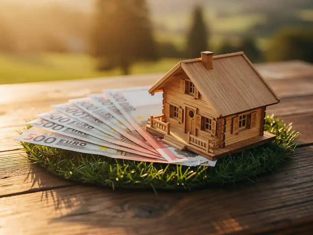 Euro biljetten naast een miniatuur houten vakantiehuisje op groen gras, warm zonlicht op een eiken ondergrond.