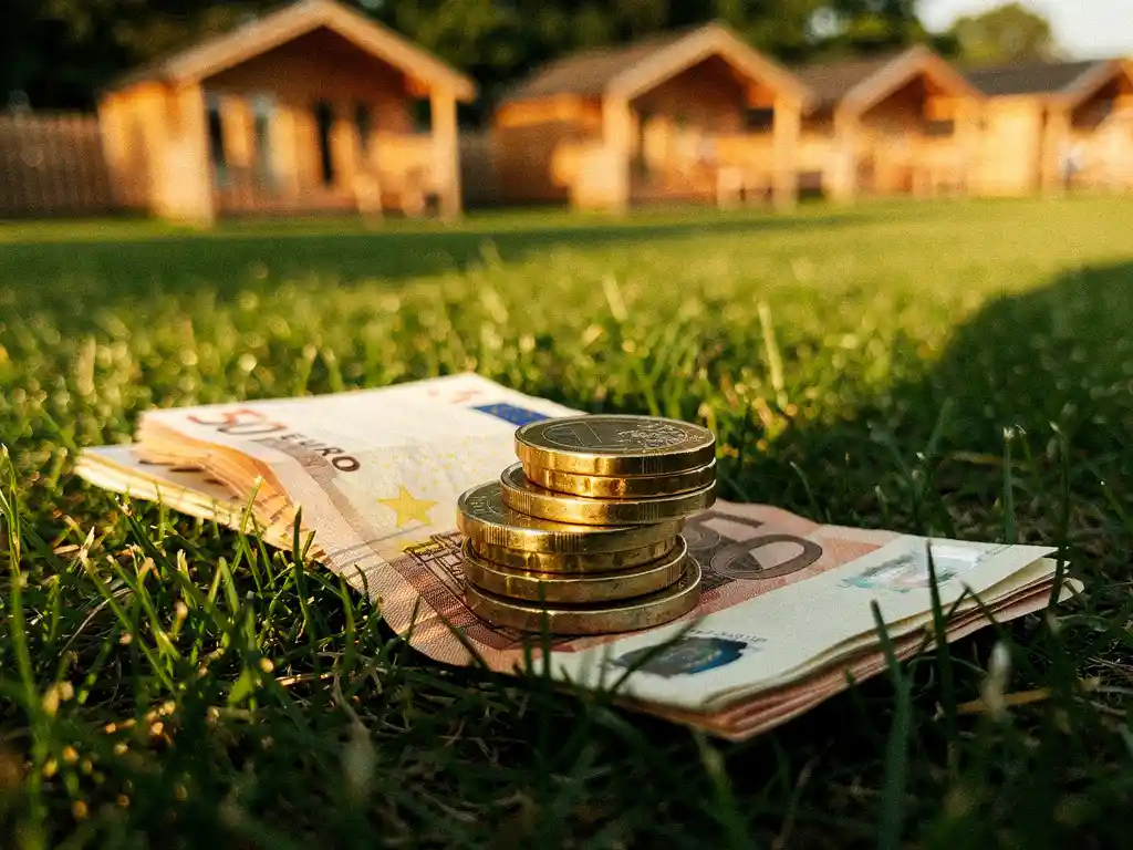 Euro munten en biljetten gestapeld op groen gras bij een Nederlands vakantiepark met houten chalets op de achtergrond.
