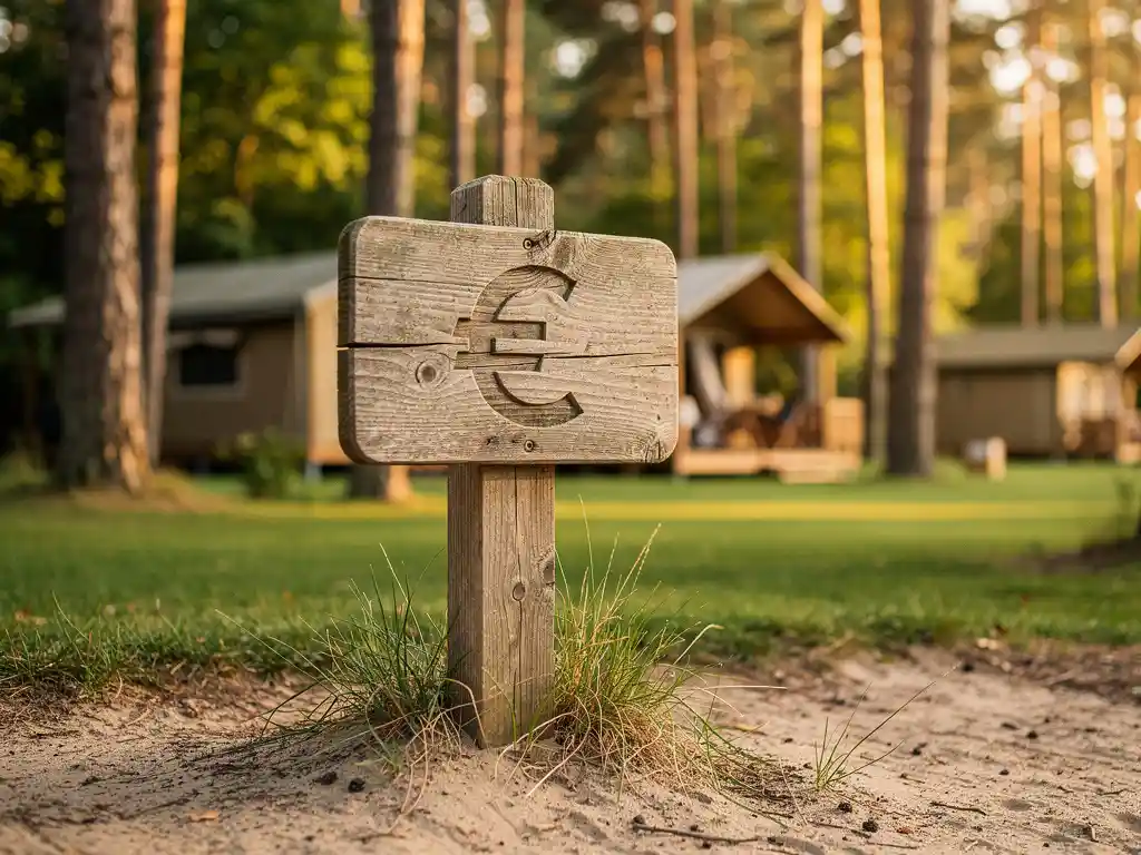 Verweerde houten wegwijzer met euroteken bij een groen kampeerterrein met luxe glamping lodges tussen hoge dennenbomen.
