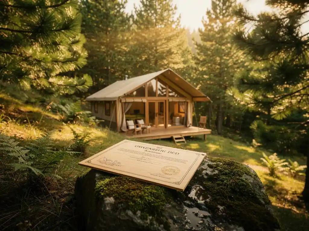 Luxe glamping lodge op zonnig recreatieperceel tussen dennenbomen, met houten eigendomsakte op mosssteen op de voorgrond.
