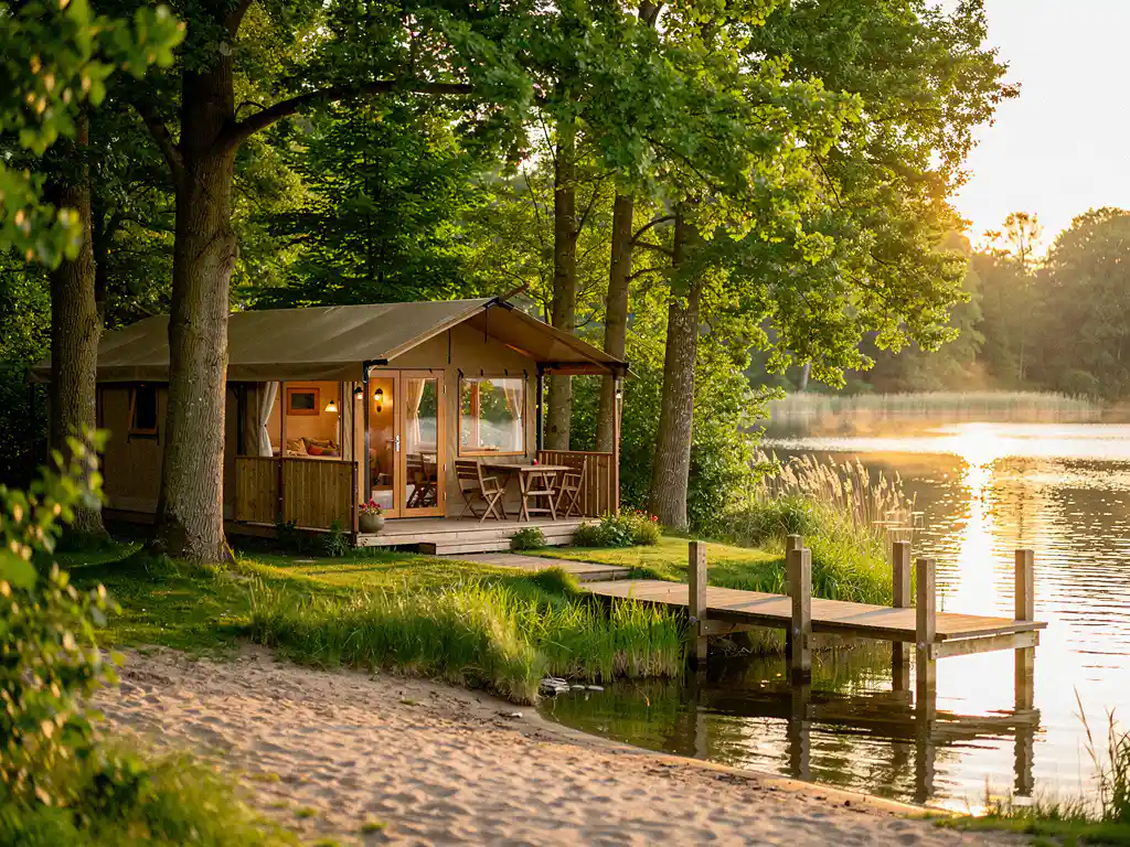 Luxe glamping lodge tussen hoge bomen in Nederlands natuurlandschap, met rustig meer en houten steiger op de achtergrond.