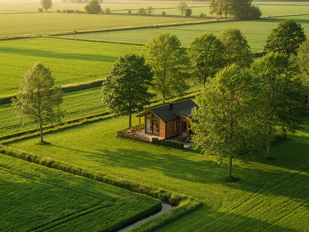 Luxe glamping lodge tussen volwassen bomen in een groen recreatiepark, gefotografeerd vanuit laag vogelperspectief in warm middaglicht.