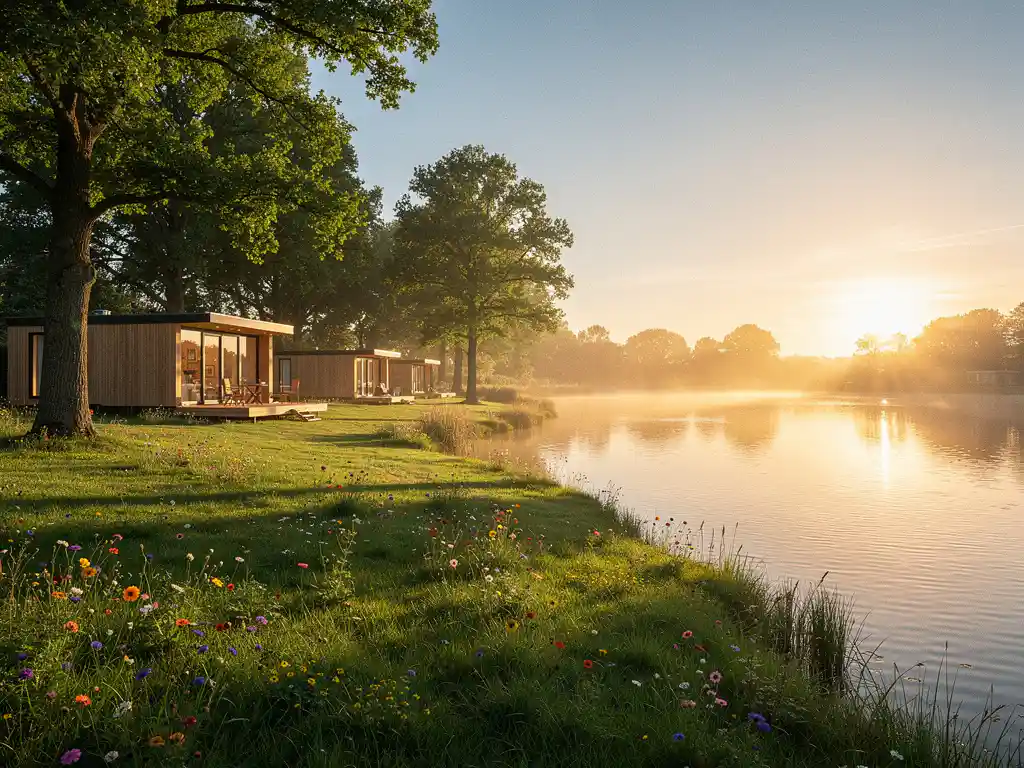 Luxe glamping lodges tussen eiken bomen aan een spiegelmeer in een Nederlands recreatiepark tijdens het gouden uur.