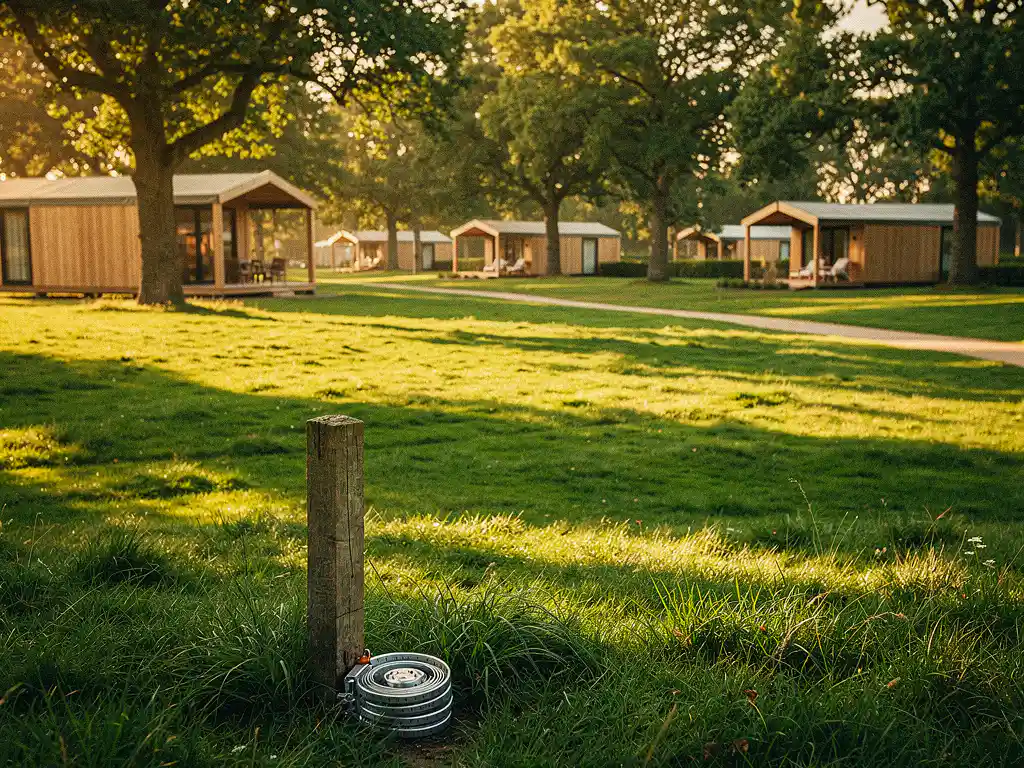 Houten meetpaal met rolmaat op grasveld bij luxe glamping cabins onder eiken in Nederlands recreatiepark.