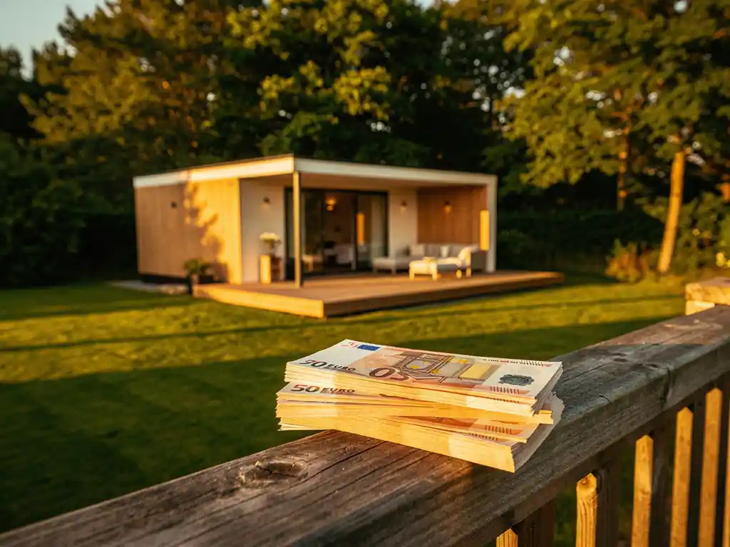 Luxe glamping lodge in Zeeland omgeven door groen, met privédek in gouden middaglicht en eurobiljetten op een houten reling.