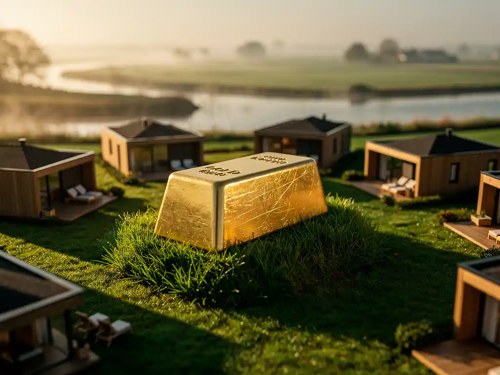 Gouden baar op miniatuur Nederlands landschap met luxe chalets en Zeeuwse waterways op de achtergrond in gouden ochtendlicht.