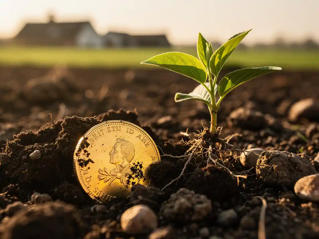 Gouden munt half begraven in donkere aarde naast een groene zaailing, met een Nederlands landschap op de achtergrond in warm goudlicht.