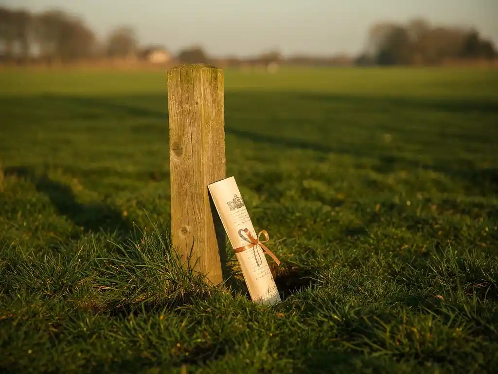 Verouderde houten grenspaal in weelderig groen recreatieland met opgerold juridisch document aan de voet, gouden middaglicht.