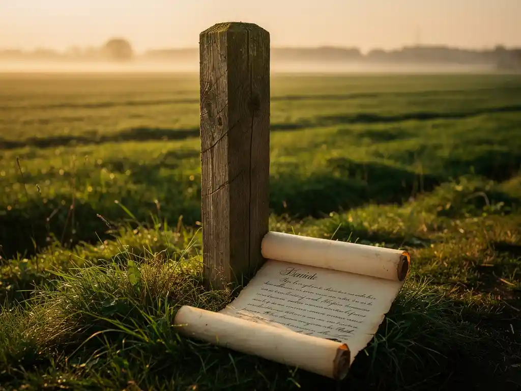 Verouderde houten grenspaal in Nederlands weiland bij zonsopgang, met opgerolde perkamenten akte aan de voet.