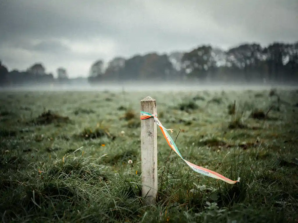 Verouderde houten paal met landmeetlint op de grens van een groen recreatiegebied in Nederland, met mistige weilanden en boomgrens op de achtergrond.