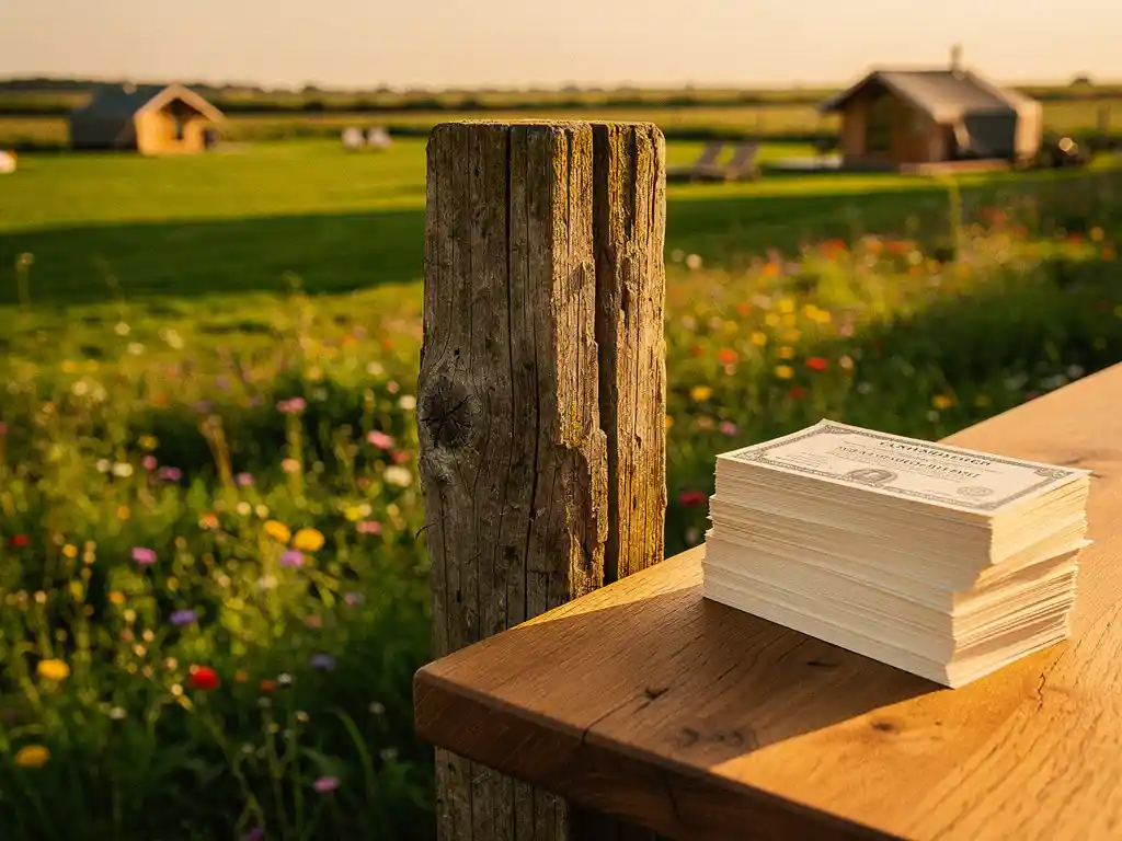 Verweerde houten paal scheidt groen recreatielandschap van obligatiecertificaten op eiken ondergrond, met glamping tenten in Zeeland op de achtergrond.