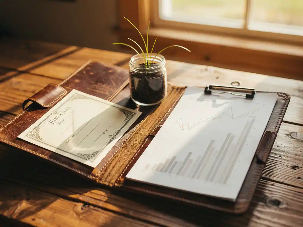 Verweerde leren portfolio op eikenhouten tafel met grondakte, grasgroeiend potje aarde en gedrukte aandelengrafiek in warm middaglicht.