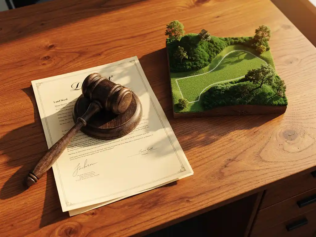 Verouderde houten hamer op een gevouwen grondakte naast een groen recreatielandmodel, warm middaglicht op eikenhouten bureau.