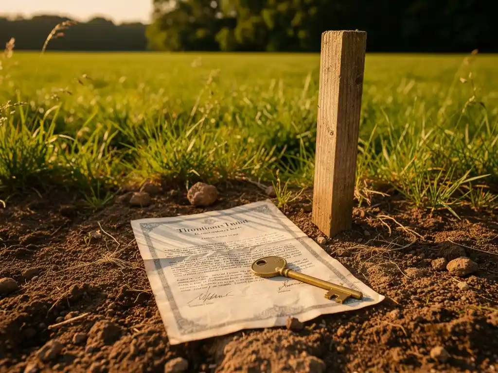 Eigendomsakte en messing sleutel op Nederlandse grond naast een houten grenspaal, met weelderige groene weide op de achtergrond.